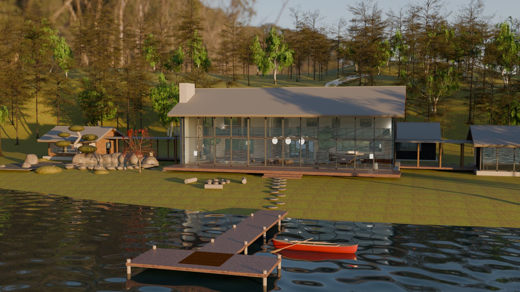 Blender render of the house from the lake
